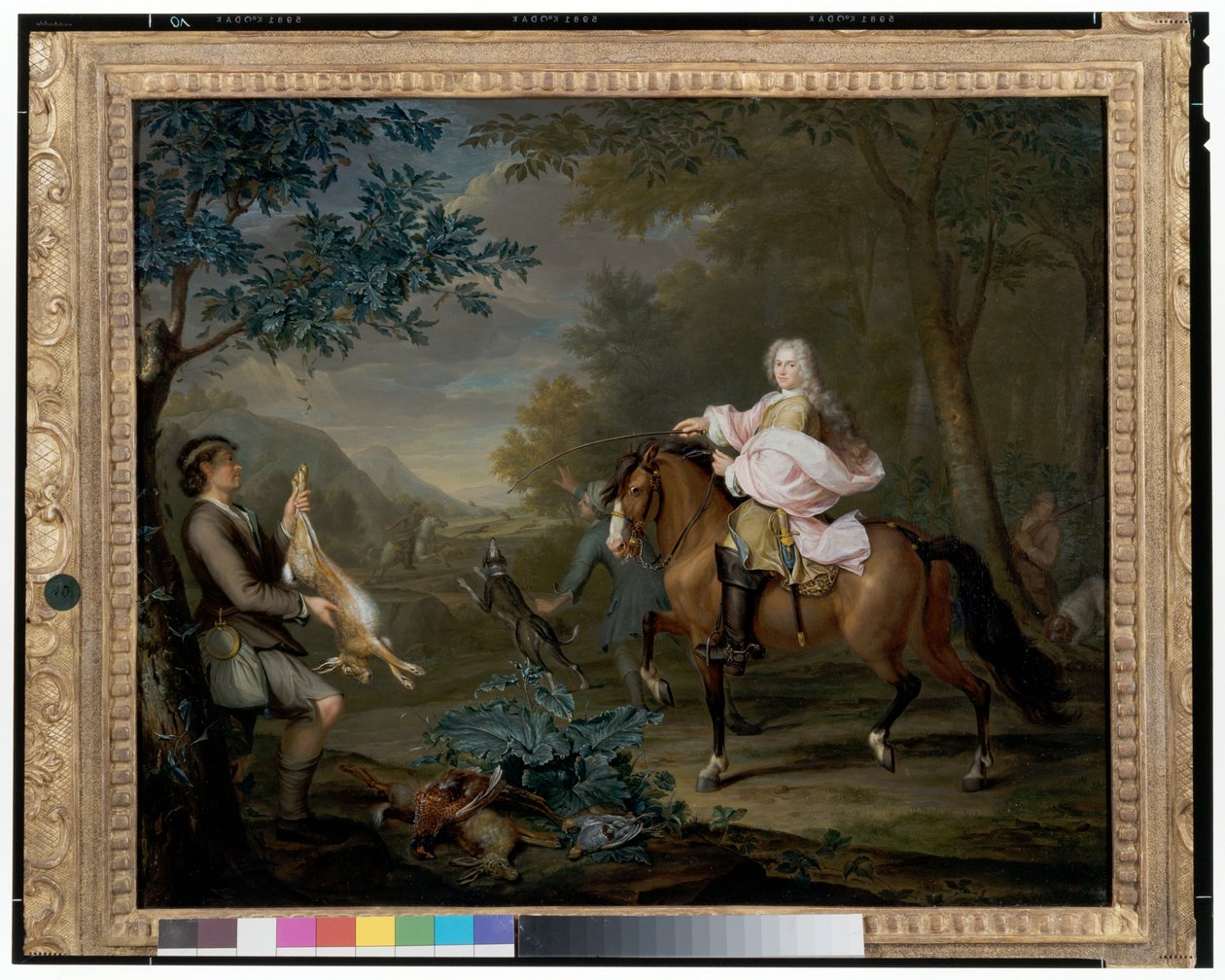 En gentleman till häst med jägare i ett vidsträckt landskap av Hieronymus van der Mij