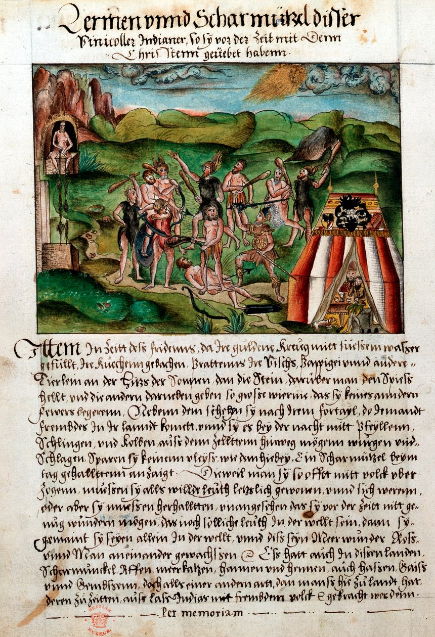 Venezuelaner attackerar spanska conquistadorer, c1500-talet av Hieronyouse Koler
