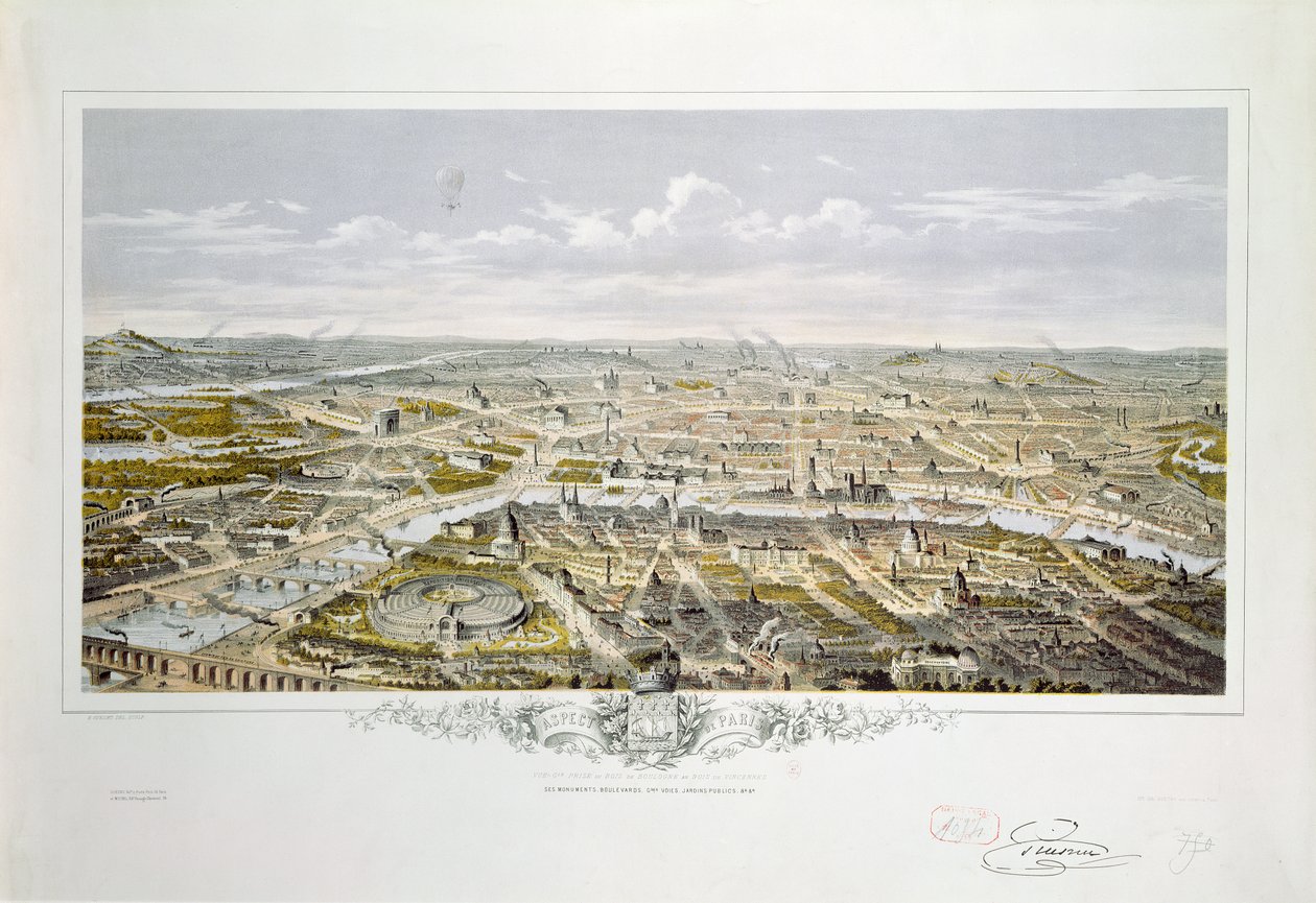 Utsikt över Paris från Bois de Boulogne, under världsutställningen 1867 (färggravyr) av Hilaire Guesnu