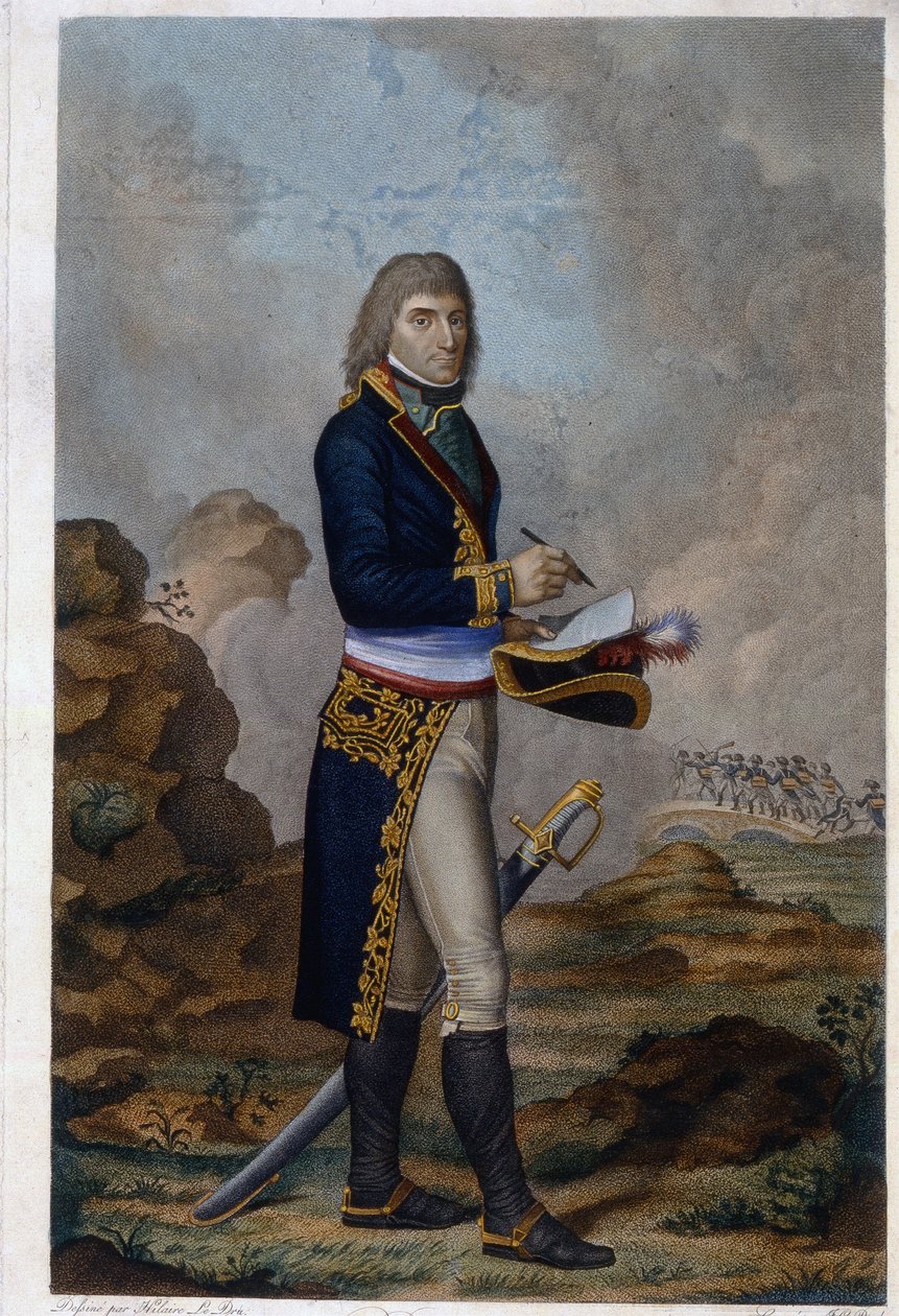 Porträtt av kejsar Napoleon Bonaparte (1769-1821). (Porträtt av kejsar Napoleon Bonaparte). Verk av Hilaire Ledru (1769-1840), gravyr färgad i akvarell, cirka 1810. Fransk konst av Hilaire Ledru