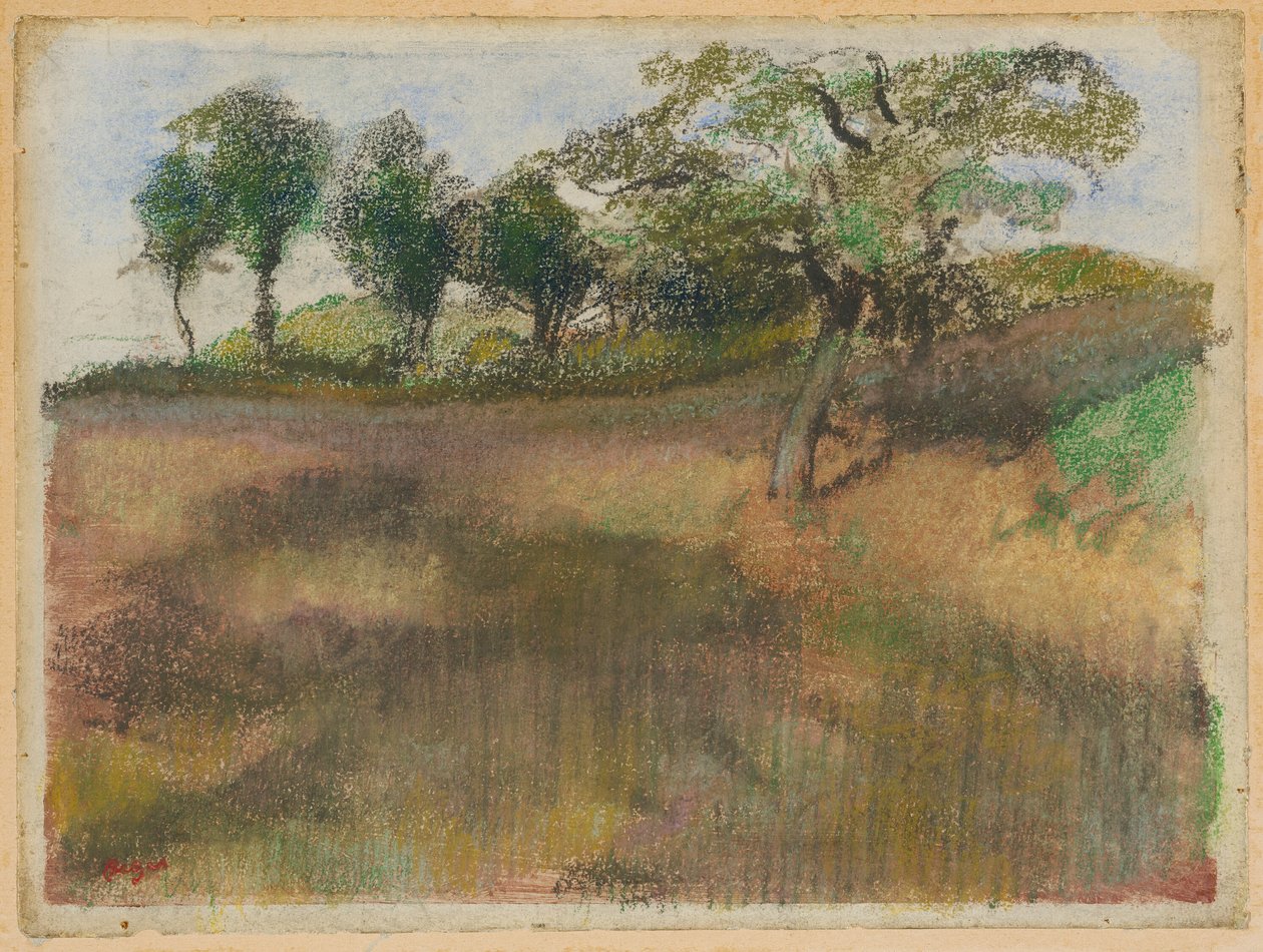 Plöjd åker kantad av träd av Hilaire Germain Edgar Degas