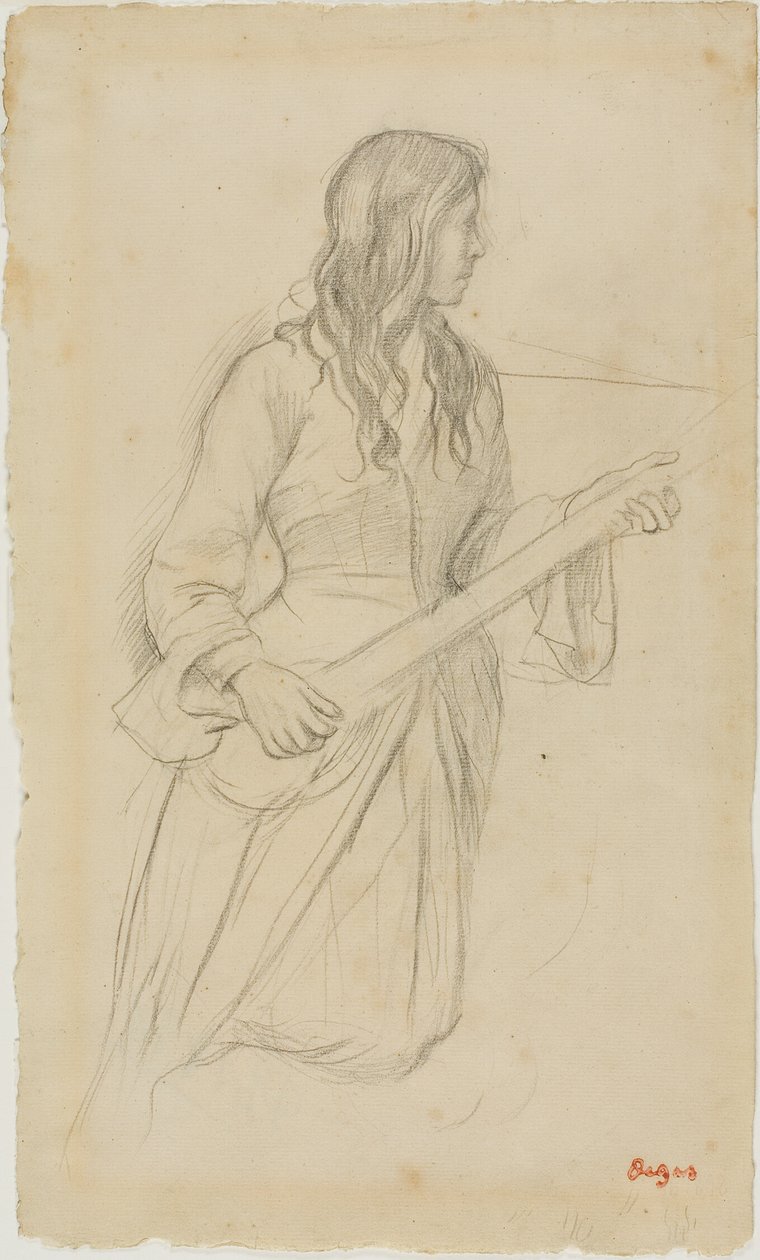 Ung kvinna som spelar mandolin, studie till porträtt av Mlle Fiocre i baletten "La Source" av Hilaire Germain Edgar Degas