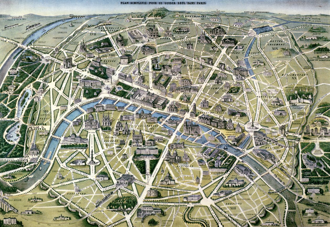 Karta över Paris under tiden för "Grands Travaux" av baron Georges Haussmann (1809-91) 1864 av Hilaire Guesnu