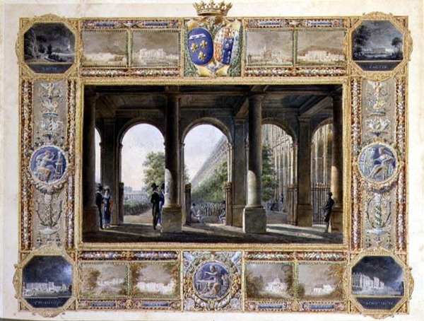 Palais Royal, Paris, omgivet av vinjetter från Charles Ferdinands barndomsresidens, hertigen de Berry (1778-1820) och hans hustru Maria Caroline av Bourbon (akvarell på papper) av Hilaire Thierry