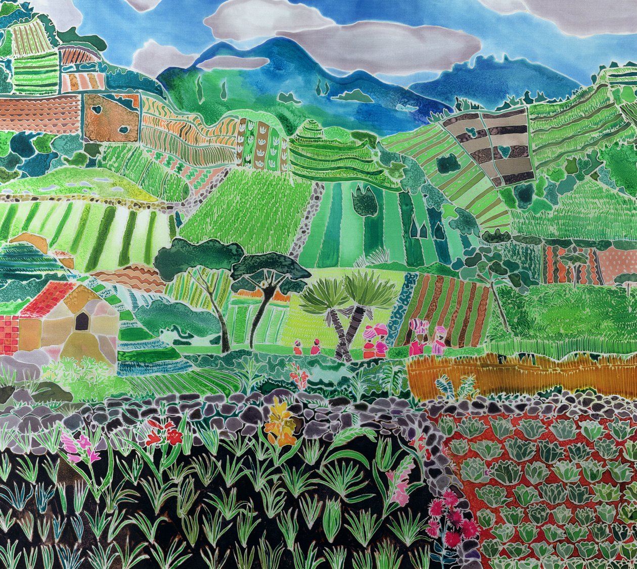 Kål och liljor, Solola-regionen, Guatemala, 1993 (färgat bläck på siden) av Hilary Simon