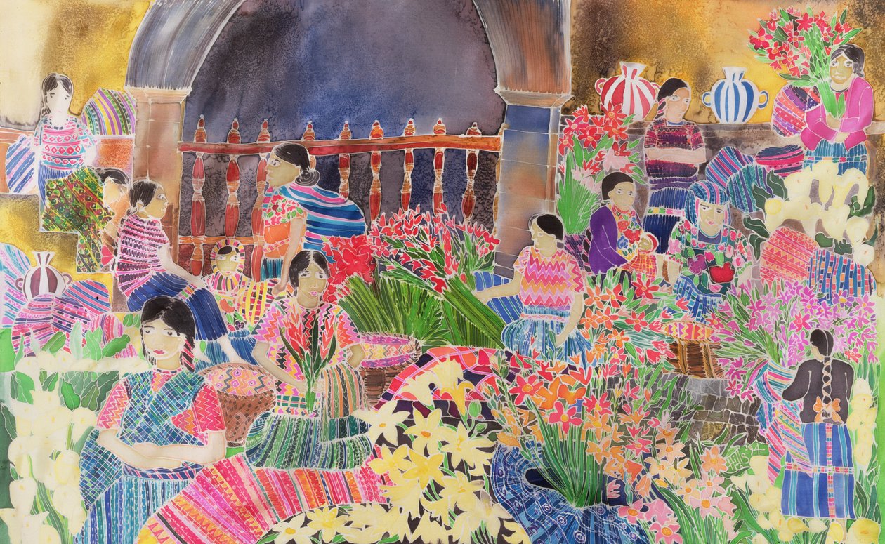 Chichicastenango, marknadsdag (färgat bläck på siden) av Hilary Simon