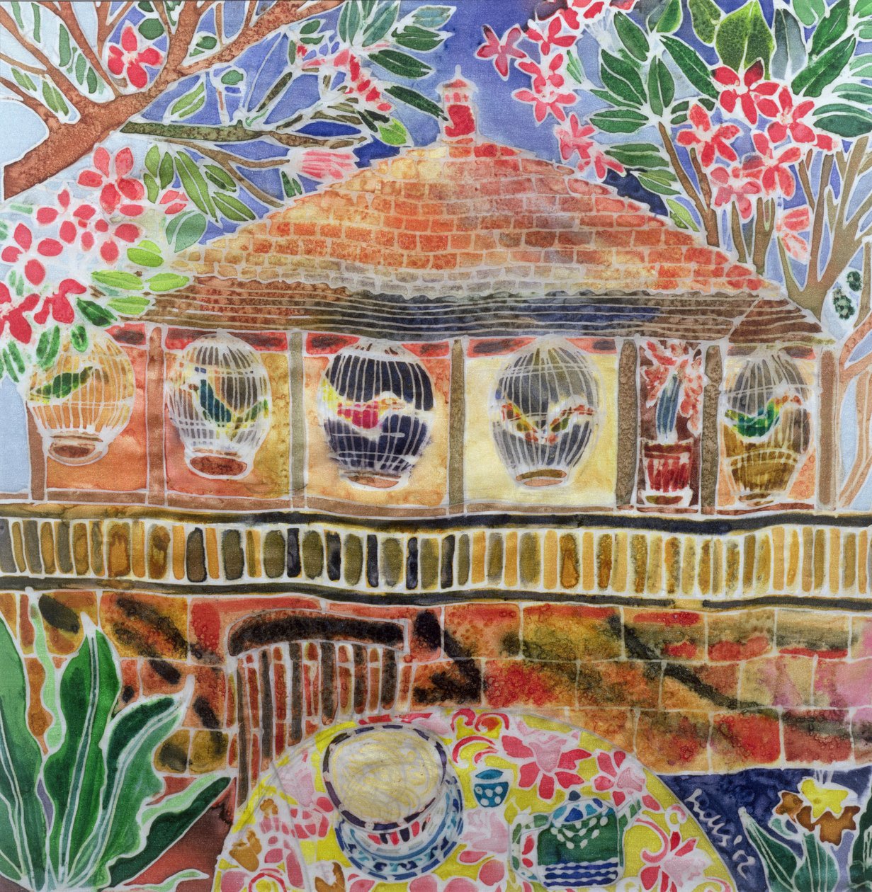 Lotus Cafe, Ubud, Bali, 2002 (färgat bläck på siden) av Hilary Simon