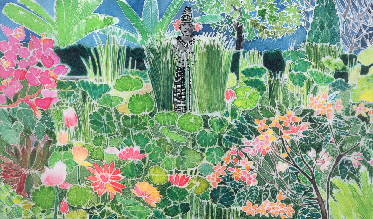 Lotus Pond, Ubud, Bali, 1997 (färgat bläck på siden) av Hilary Simon