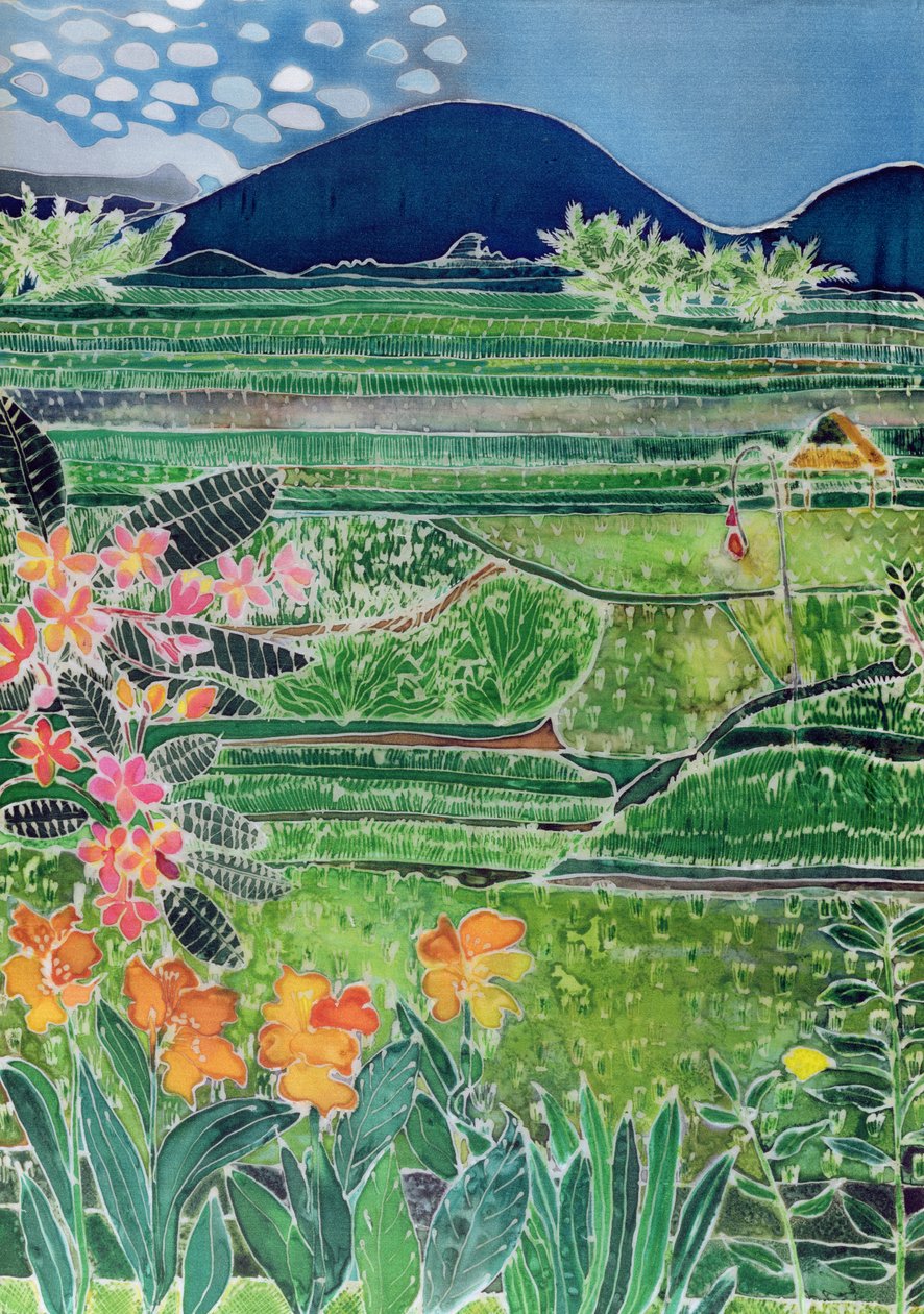 Lovina Ricefields with Lilies and Frangipani, Bali, 1996 (färgat bläck på siden) av Hilary Simon