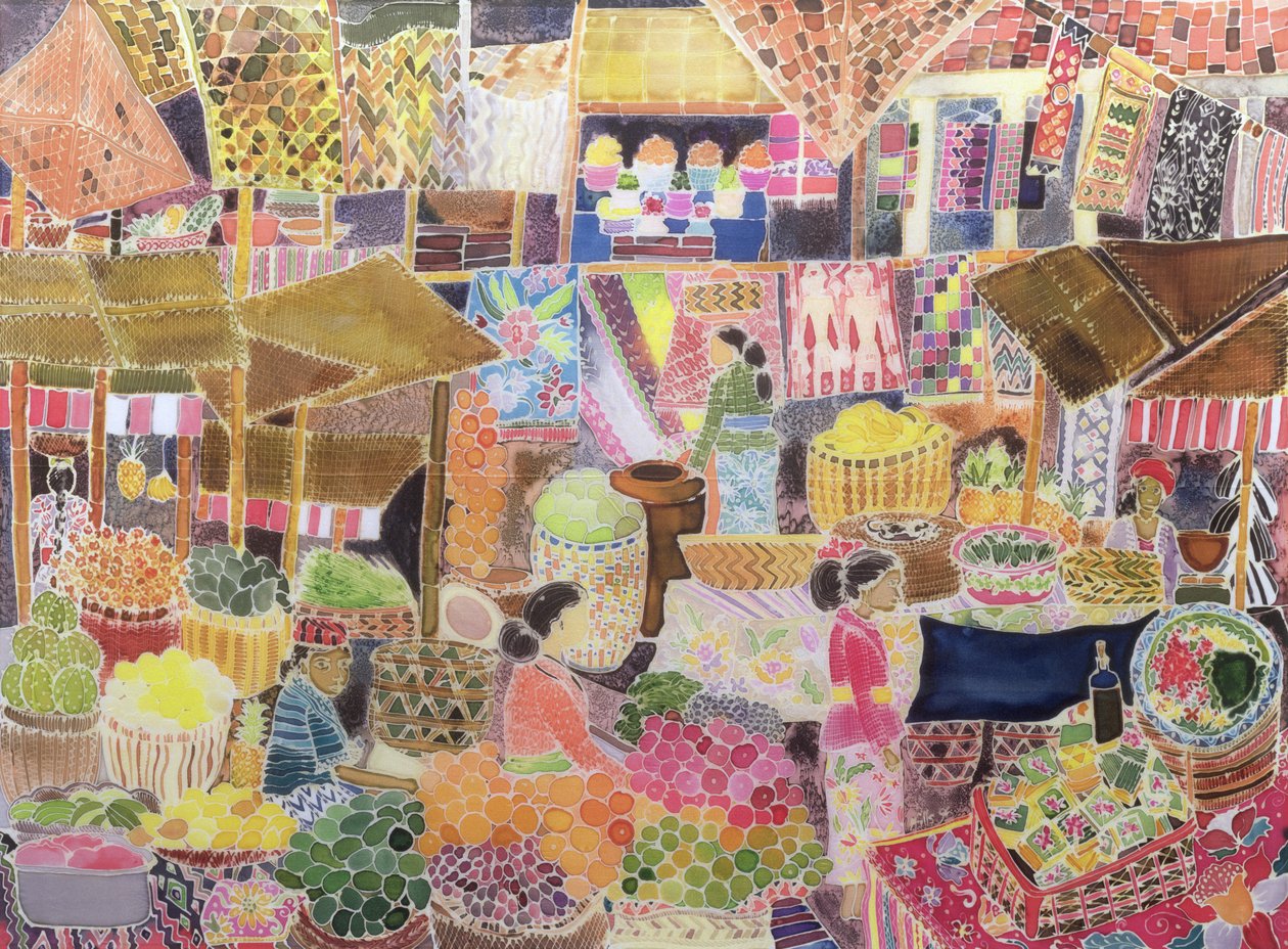 Ubud Market, Bali, 2002 (färgat bläck på siden) av Hilary Simon