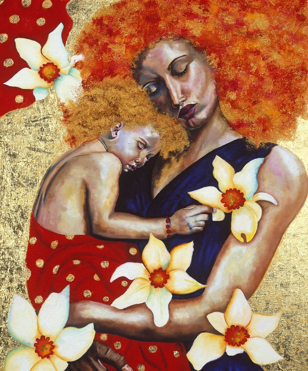 Mor och barn, 2003 (olja med bladguld ombord) av Hilary Dunne
