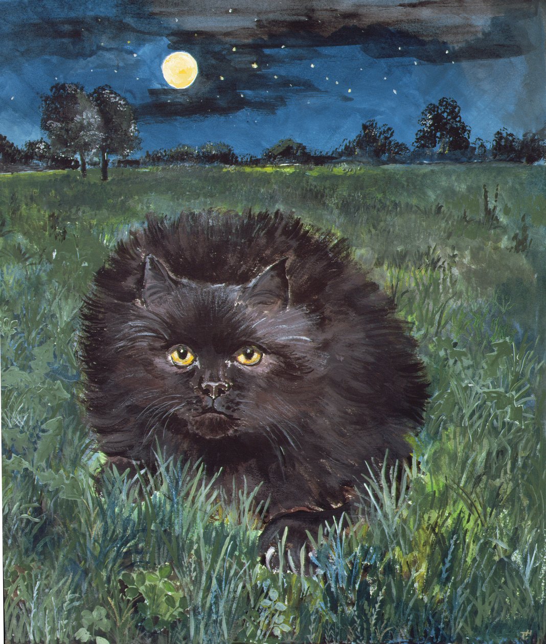 Katten och månen (akryl på papper) av Hilary Jones