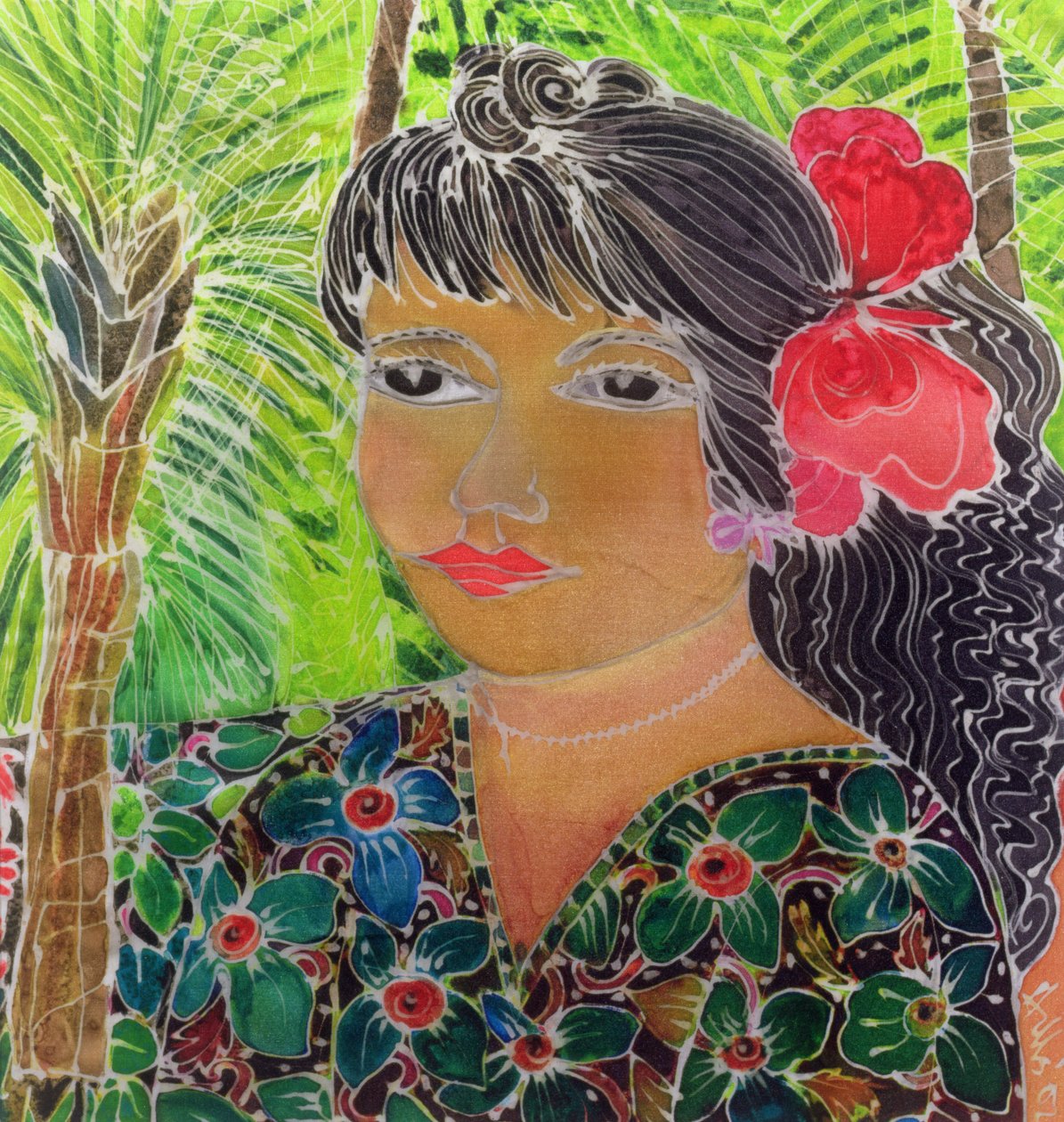 Dam med hibiskus (färgat bläck på siden) av Hilary Simon