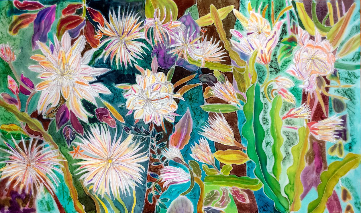 Night Flower Moonflower, Peru, 2022 (färg och måla på siden) av Hilary Simon
