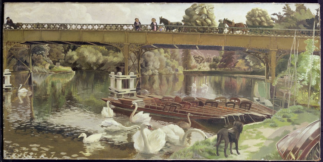 Swans, Cookham Bridge (olja på duk) av Hilda Carline