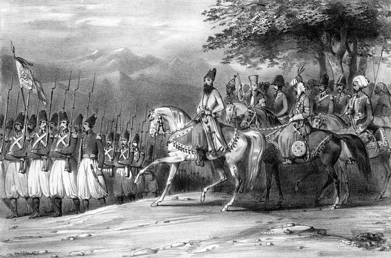 En recension av Abbas Mirza, soldater, Iran av Hippolyte Bellange