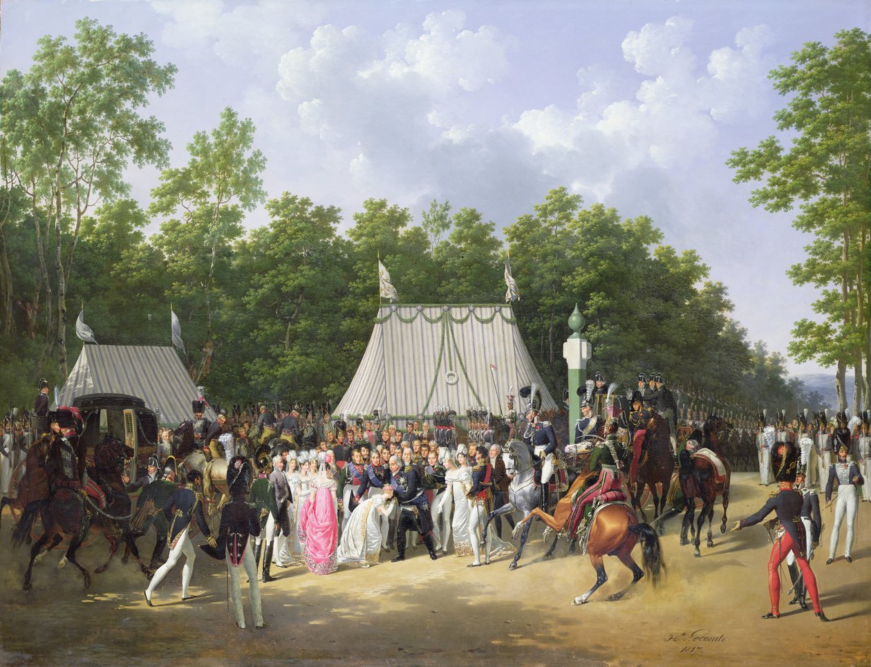 Ludvig XVIII (1755-1824) Hälsning Marie-Caroline-Ferdinande de Bourbon, prinsessa av Sicilien, vid Croix de Saint-Herem i skogen vid Fontainebleau, 15 juni 1816, 1817 av Hippolyte Lecomte