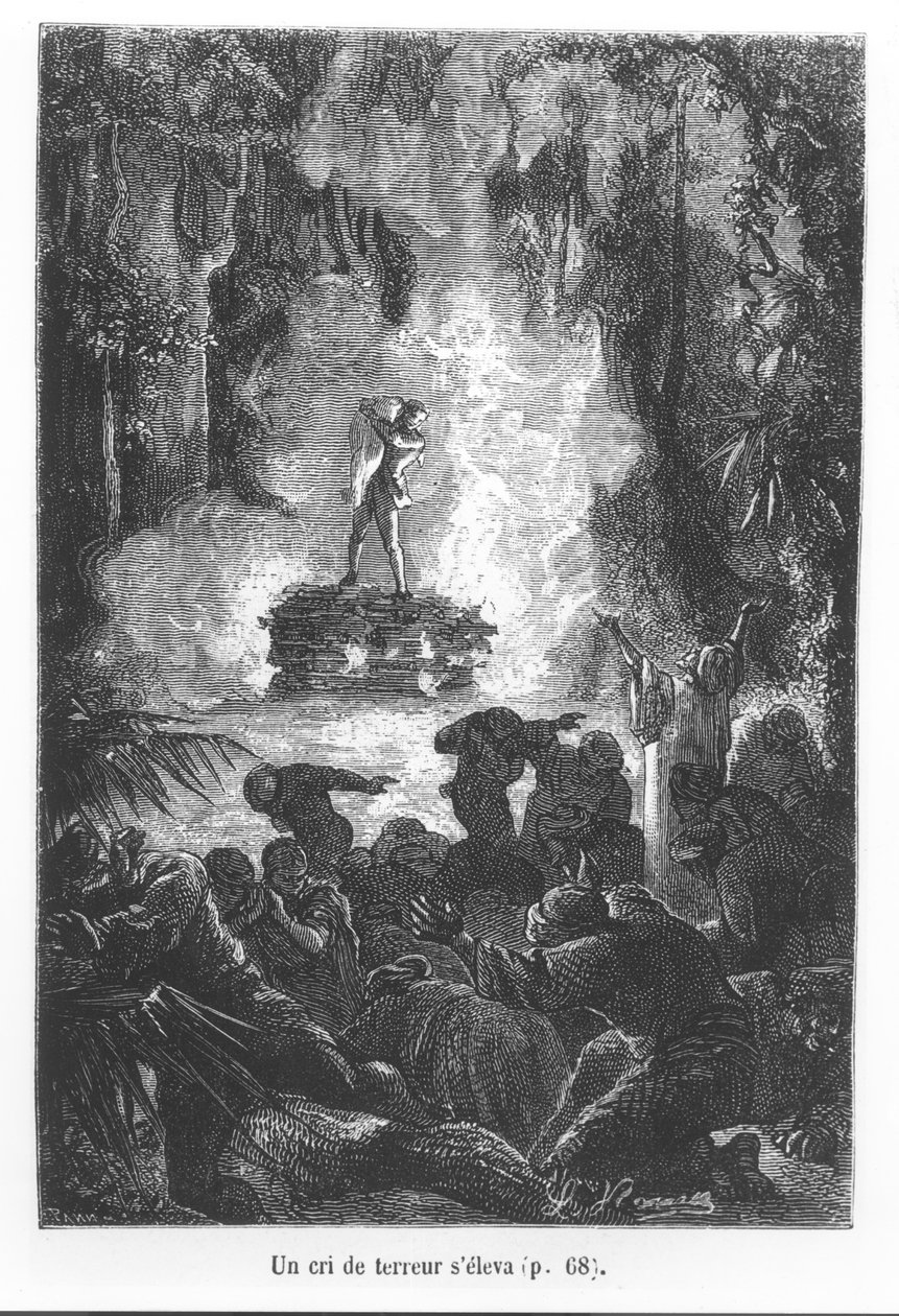 Ett skräckskrik gick upp, illustration från "Jorden runt på åttio dagar" av Jules Verne (1828-1905) 1873 av Hippolyte Leon Benett