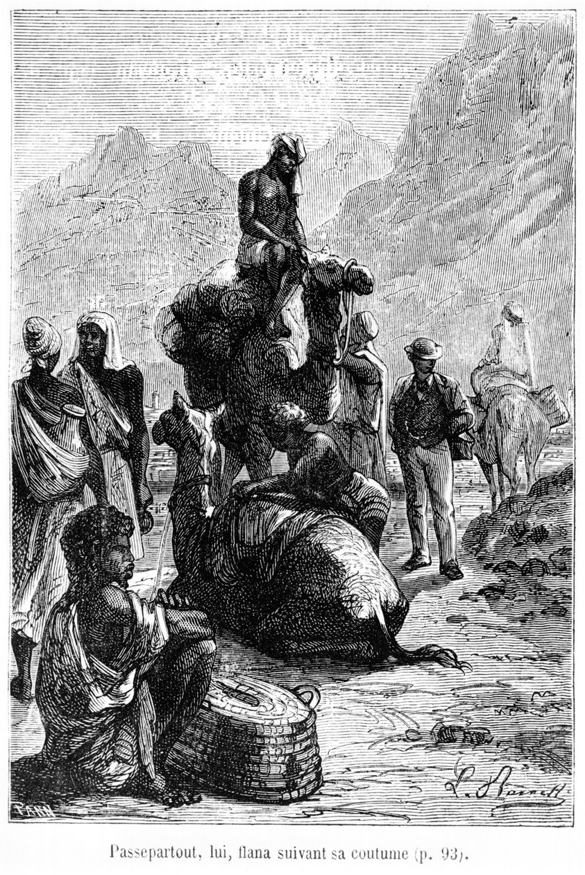 Passepartout promenerade som vanligt, illustration från "Around the World in Eighty Days" av Jules Verne (1828-1905) sent 1800-tal. av Hippolyte Leon Benett