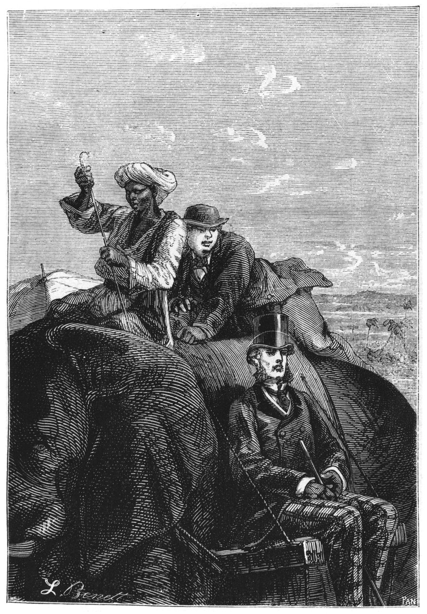 Phileas Fogg och Passepartout, illustration från "Around the World in Eighty Days" av Jules Verne (1828-1905) sent 1800-tal. av Hippolyte Leon Benett