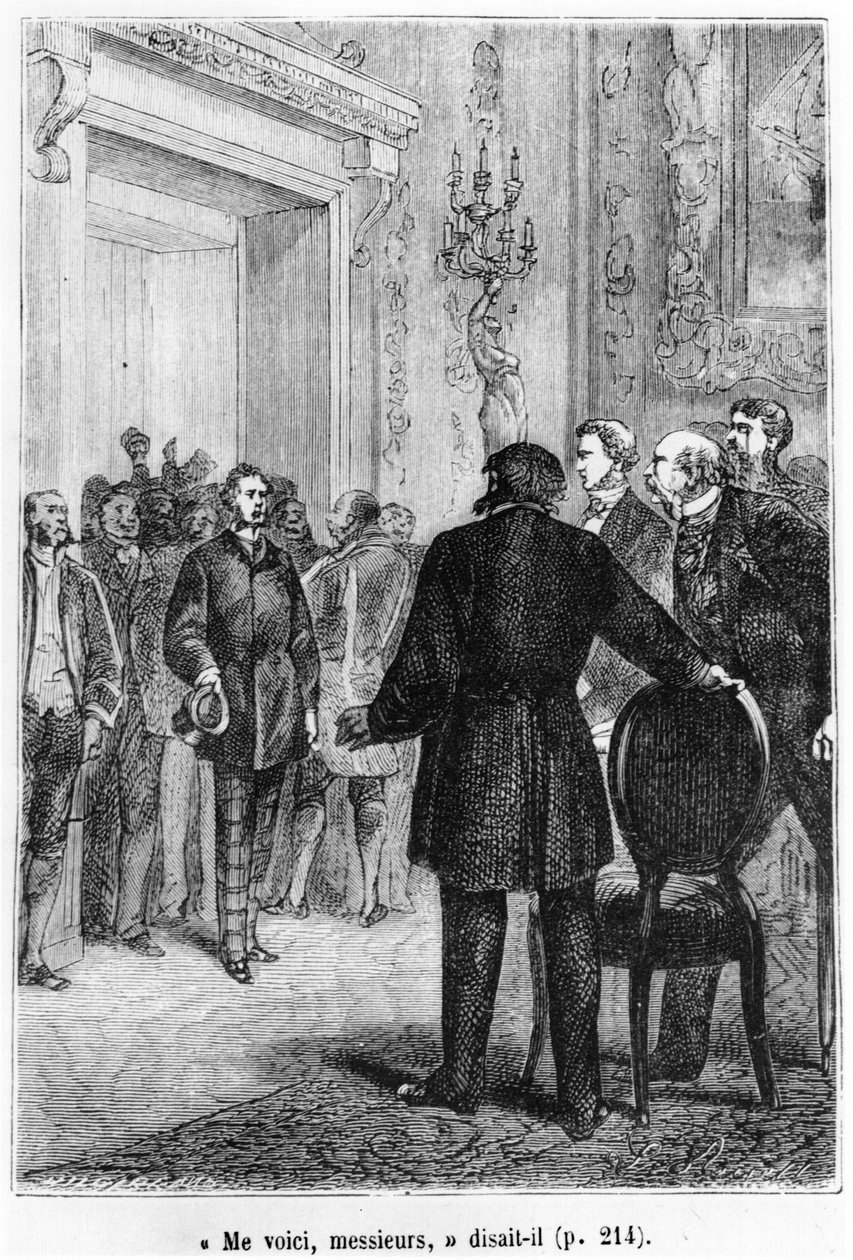 Phileas Fogg anländer, illustration från "Jorden runt på åttio dagar" av Jules Verne (1828-1905) graverad av Henri Theophile Hildibrand (1824-97) sent 1800-tal av Hippolyte Leon Benett
