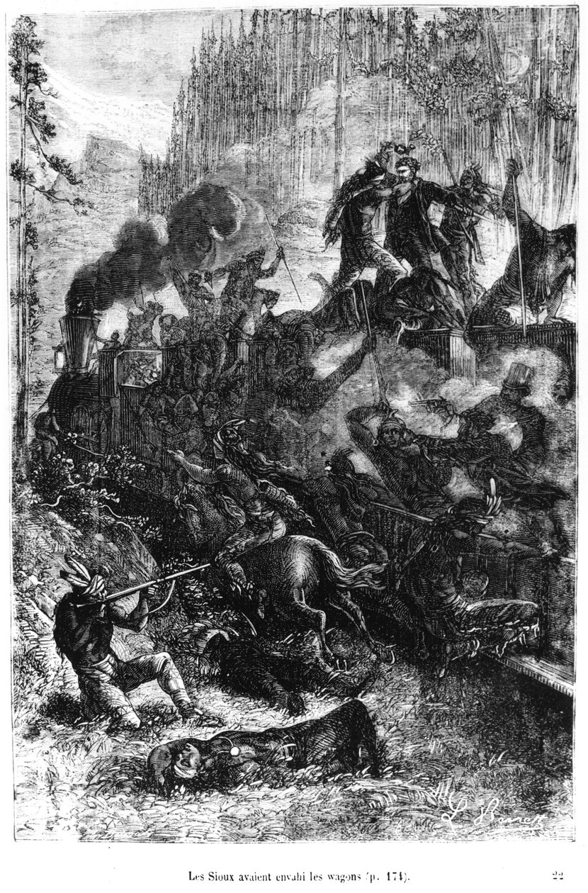 Sioux attackerar tåget, illustration från "Jorden runt på åttio dagar" av Jules Verne (1828-1905), sent 1800-tal. av Hippolyte Leon Benett