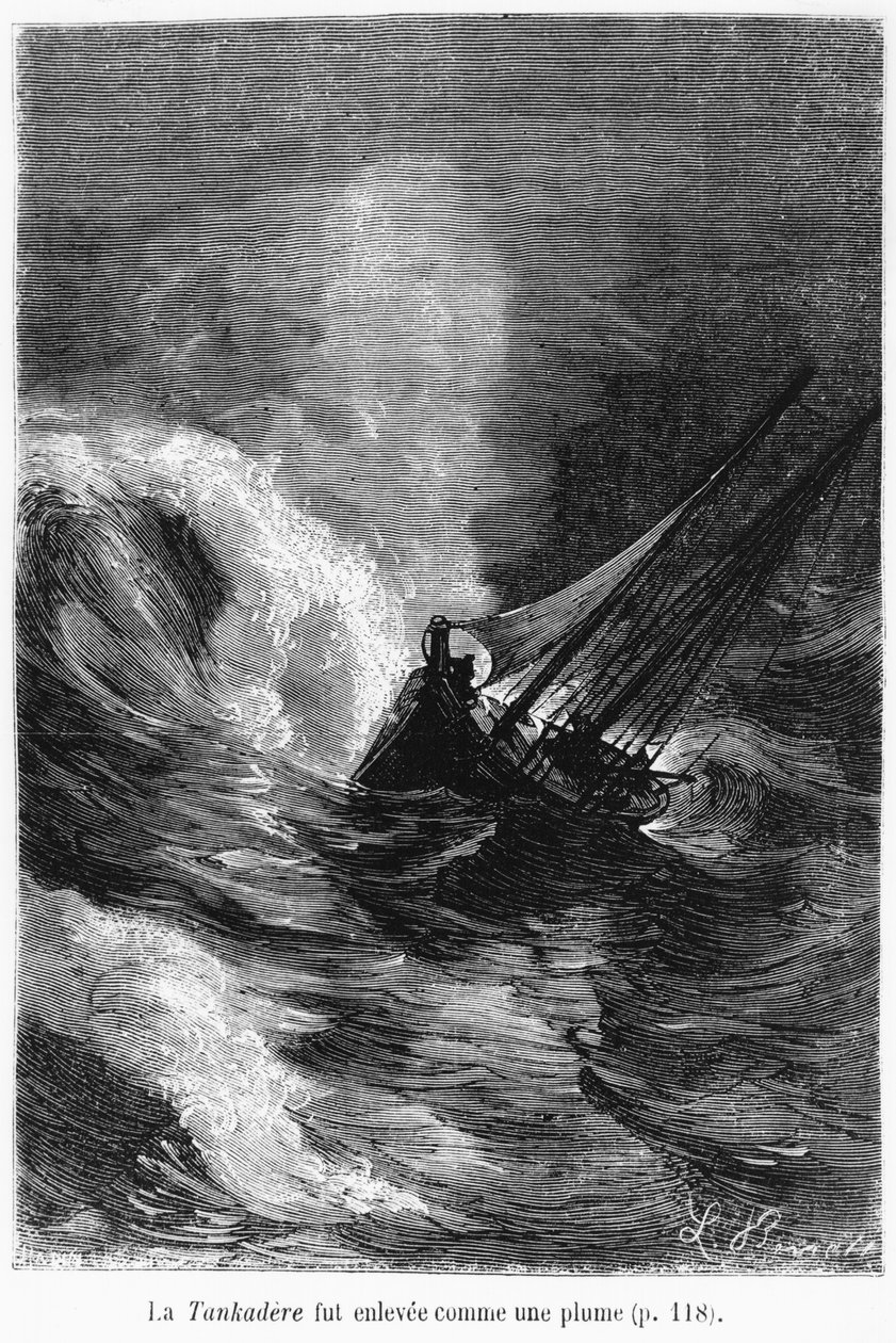 Tankaderen lyftes som en fjäder, illustration från "Jorden runt på åttio dagar" av Jules Verne (1828-1905) sent 1800-tal av Hippolyte Leon Benett