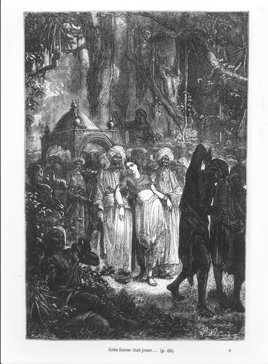 Den här kvinnan var ung, illustration från "Jorden runt på åttio dagar" av Jules Verne (1828-1905), graverad av Louis Dumont (f.1822) 1873 av Hippolyte Leon Benett