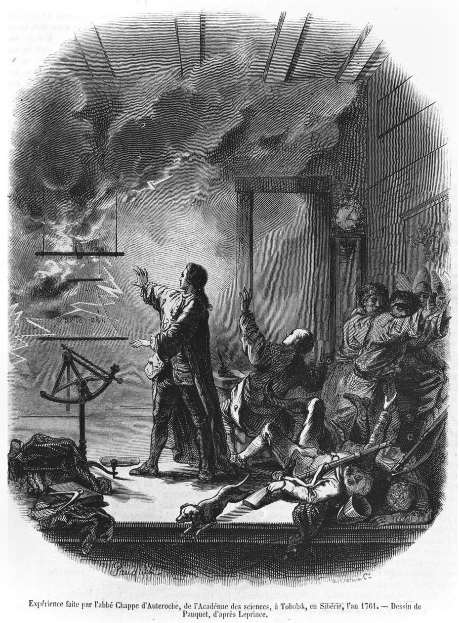 Jean Chappe dAuteroche (1722-69) Experimenterar med elektricitet 1761, Tobolsk, Sibirien, illustration från Le Magasin Pittoresque, 1855 (bw-foto) av Hippolyte Louis Pauquet