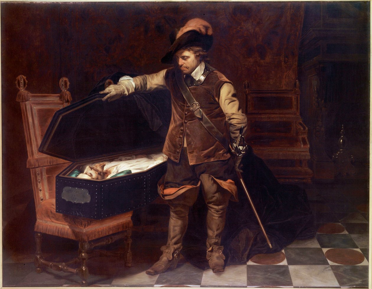 ""Oliver Cromwell före Charles I Stuarts kista"" (1649). Oliver Cromwell (1599-1658) inför rättegången mot kungen av England som kommer att dömas och halshuggas den 9 februari 1649. Målning av Paul Delaroche (1797-1856) av Hippolyte Delaroche