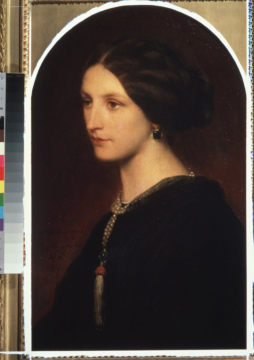 ""Porträtt av grevinnan Sophie Shuvaloff (Shuvalov eller Shuvalova)"" Porträtt av en ung aristokrat, ett pärlhalsband runt hennes hals. Målning av Paul Hippolyte Delaroche (1797-1856) 1853 Moskva, Pushkin Museum of Fine Arts av Hippolyte Delaroche