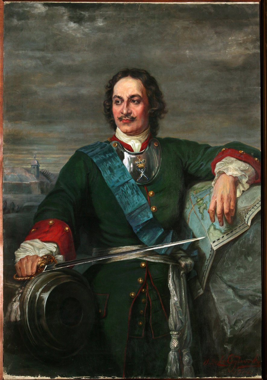 Porträtt av Pierre Ier Le Grand (1672-1725) tsar de Russie - Peter den store (efter Hippolyte Delaroche) - Bezler-Ciszewska, Henryka - 1914 - Olja på duk - 170x119 - Regionala I. Kramskoi konstmuseum, Voronezh av Hippolyte Delaroche