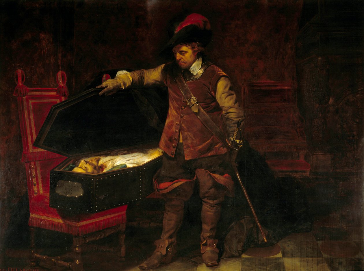 Cromwell framför Charles I Stuarts kista (1649). Oliver Cromwell (1599-1658) införde rättegången mot kungen av England, som dömdes och dömdes den 9 februari av Paul Delaroche
