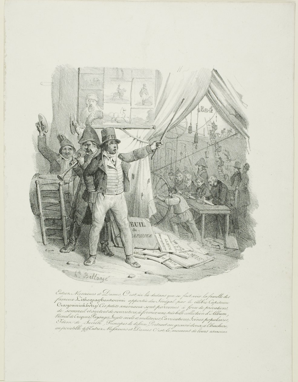 Kom in, mina damer och herrar, inuti ser du den berömda litografenantoccini-familjen ... Frontispiece för "Album of 1824" av Hippolyte Bellange