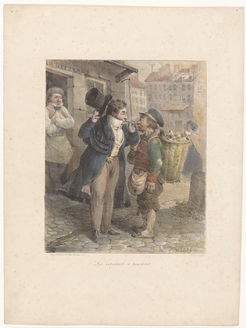 Välklädd herre tänder sin cigarr från pipan till en arbetare i trasor Les extrêmes se touchent (titel på objekt) Litografiska skisser (serietitel) Croquis lithographiques (serietitel på objekt) av Hippolyte Bellange