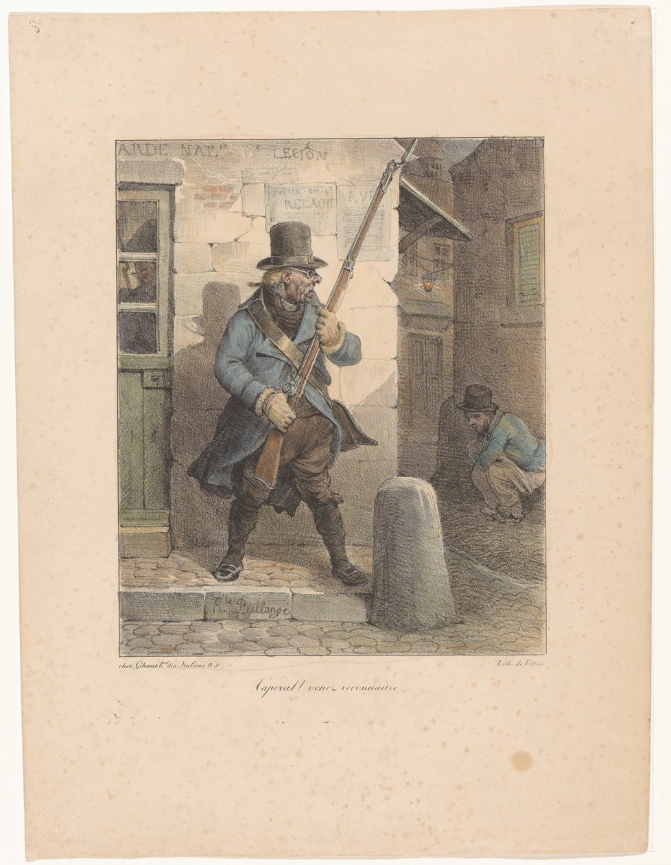Militären ringer korpral, som gör sina affärer på gatan kaporal! Venez reconnaître (titel på objekt) Litografiska skisser (serietitel) Croquis lithographiques (serietitel) av Hippolyte Bellange