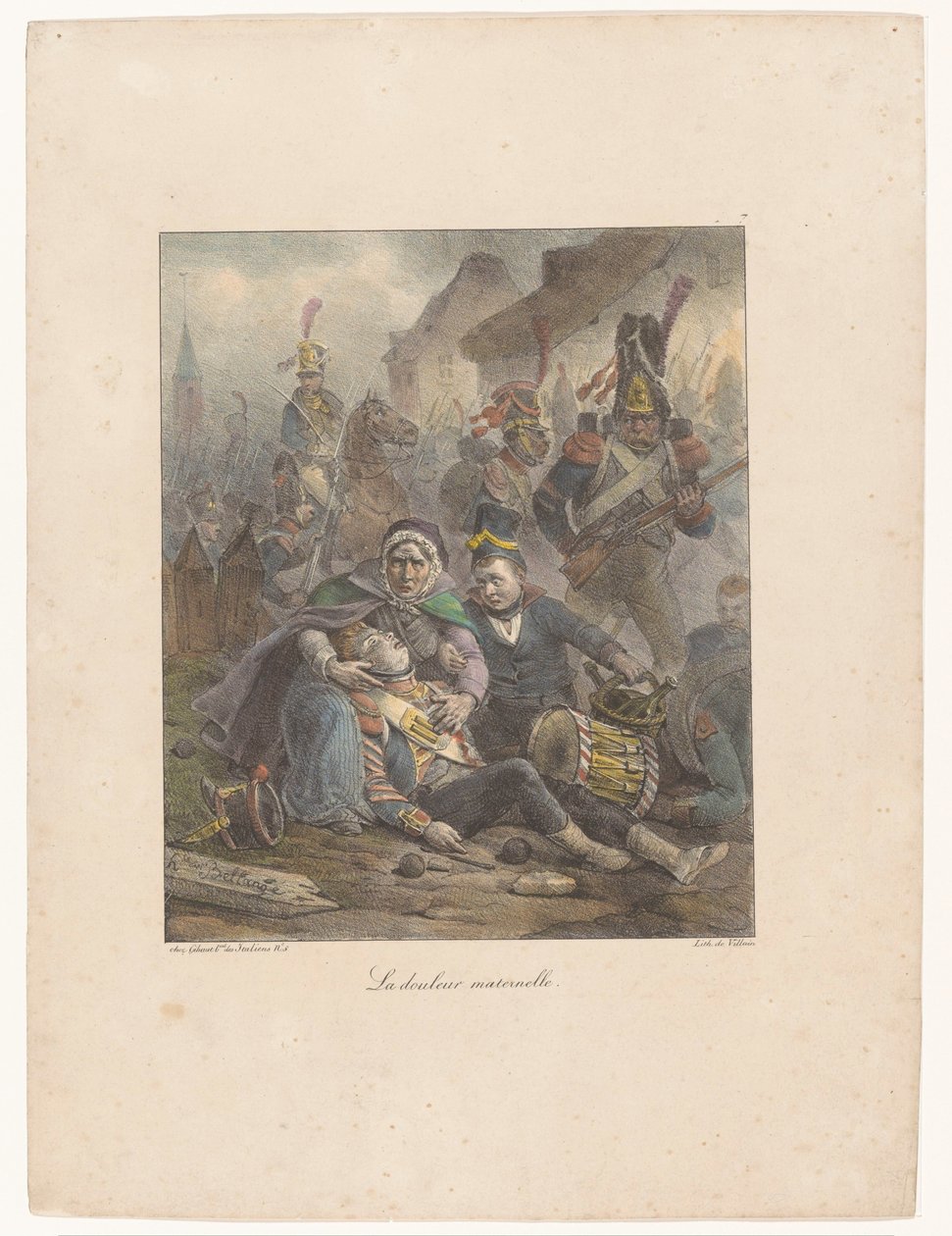 Mamma sörjer sin dödligt sårade son på slagfältet La douleur maternelle (titel på objekt) Litografiska skisser (serietitel) Croquis lithographiques (serietitel) av Hippolyte Bellange