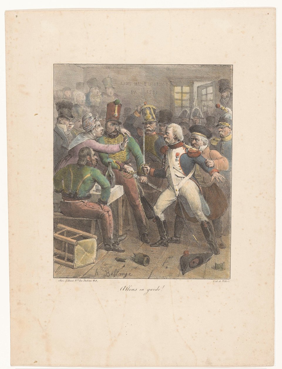 Två soldater korsar svärd på en pub Allons och vakt! (titel på objekt) Litografiska skisser (serietitel) Croquis lithographiques (serietitel) av Hippolyte Bellange