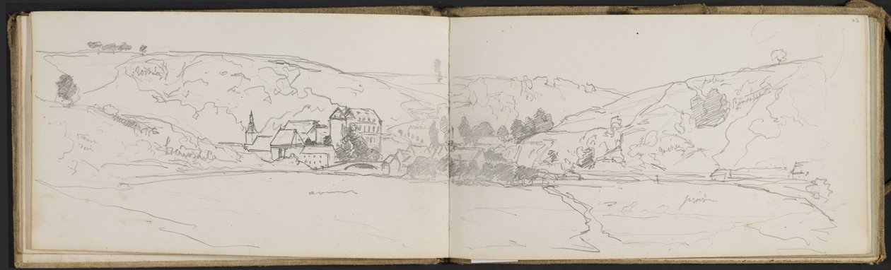 Byvy med färganteckningar (blad ur en skissbok) av Hippolyte Boulenger