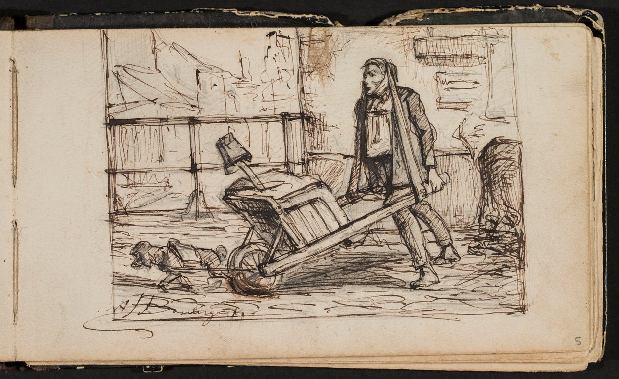 Man med skottkärra och liten hund (sida ur en skissbok) av Hippolyte Boulenger