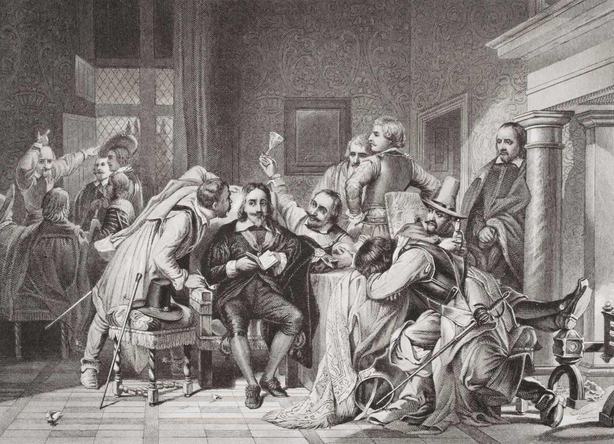 Charles I (1600-49) i vaktrummet förolämpad av Oliver Cromwells soldater, från 