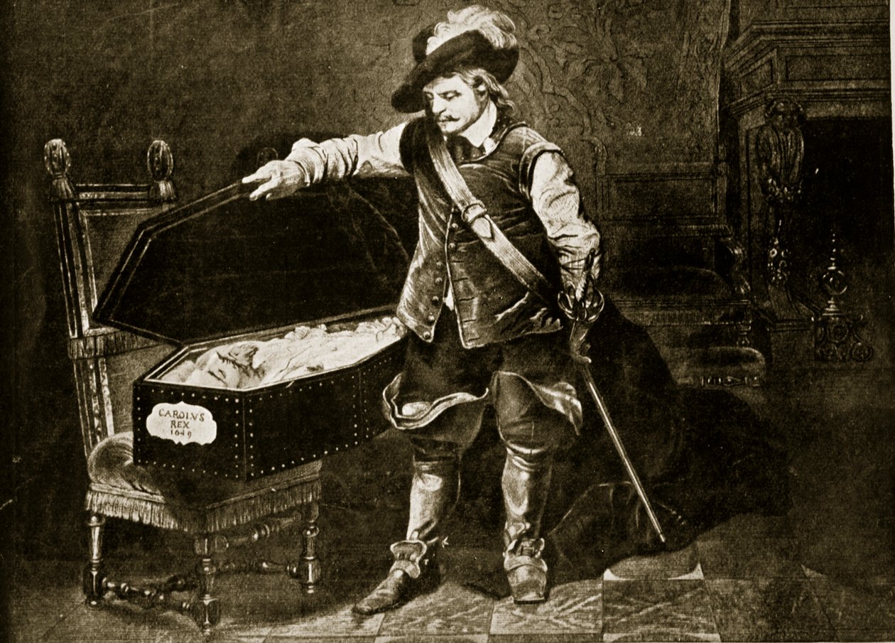 Cromwell betraktar Charles I:s kropp, illustration från "Hutchinson