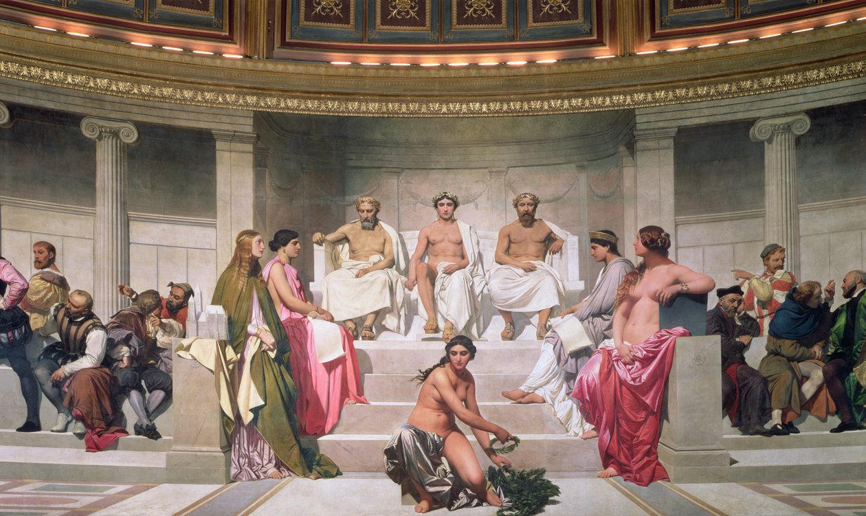 Hemicycle: Artists of All Ages, detalj av Ictinus, Apelles och Phidias, 1836-41 fresk se även 83553 och 83555 av Hippolyte Delaroche