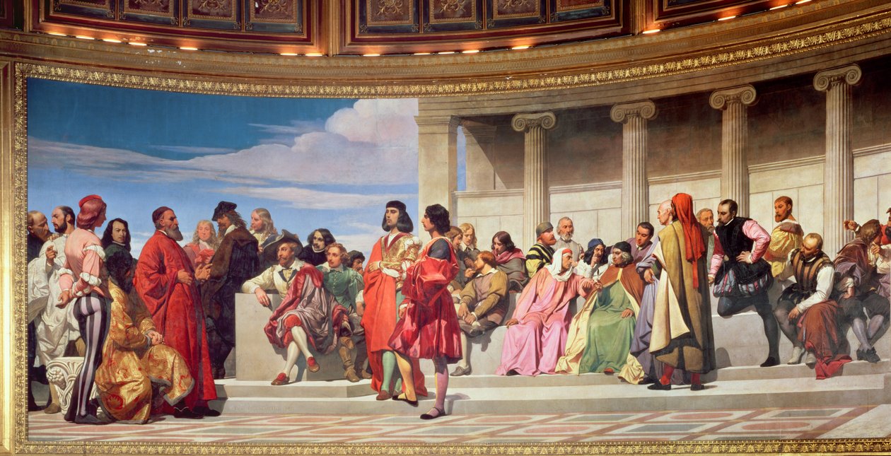 Hemicycle: Artists of All Ages, detalj på vänster sida, 1836-41 fresk se även 83554 och 83555 av Hippolyte Delaroche