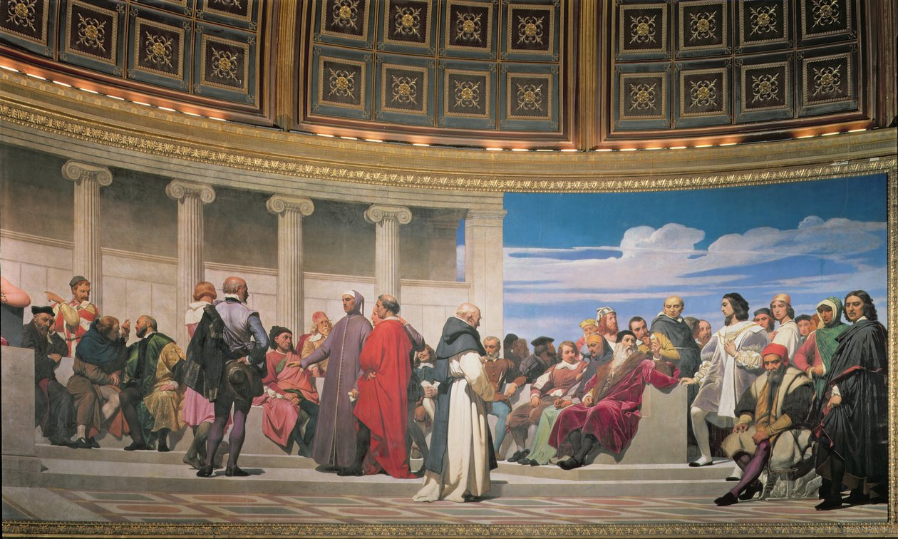 Hemicycle: Artists of All Ages, detalj på höger sida, 1836-41 fresk se även 83553 och 83554 av Hippolyte Delaroche