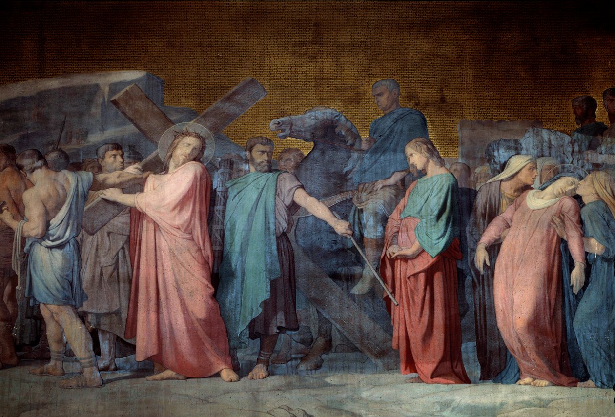 Kristus bär sitt kors Detalj av en fresk av Hyppolithe Flandrin (1800-1864) 1800-talskyrkan Saint Germain des Pres, Paris av Hippolyte Flandrin