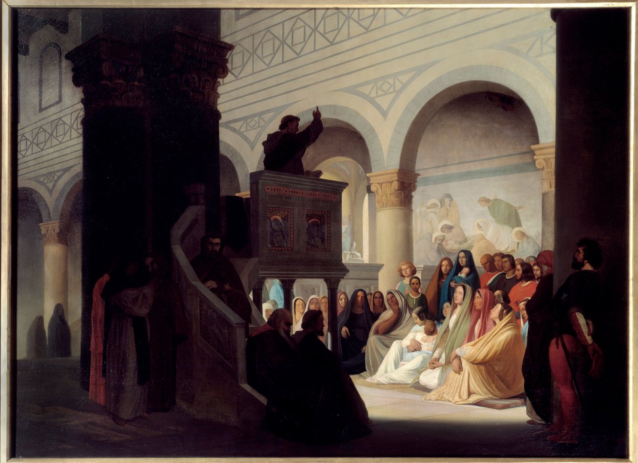 Savonarole (1452-1498) predikar i San Miniato i Florens. Jerome Savonarole, på italienska Girolamo Savonarola (1452-1498), dominikansk bror och italiensk prediktor som styr Florens från 1494 till 1498. Målning av Hippolyte Flandrin (1809-1864) av Hippolyte Flandrin