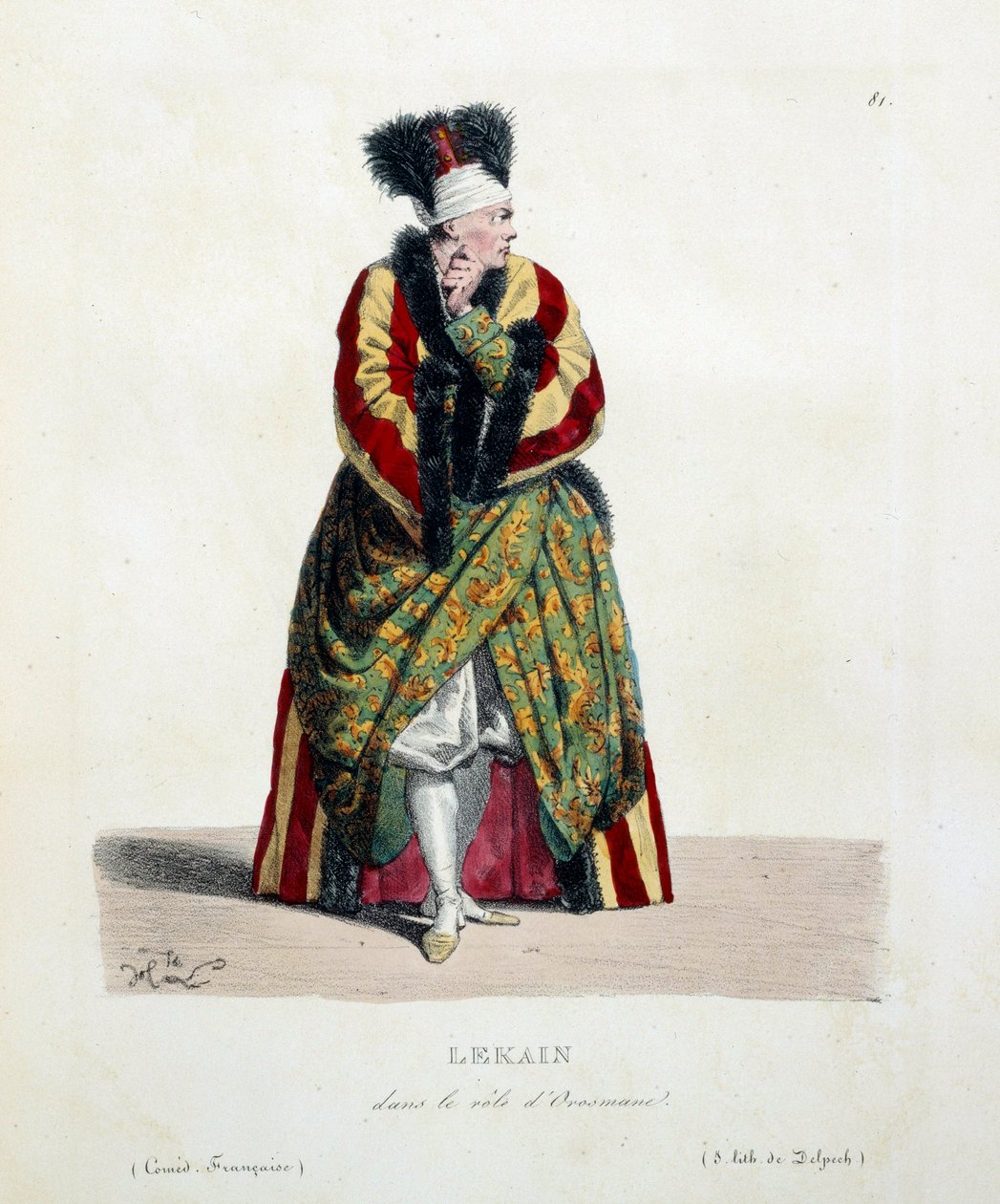 Den franske skådespelaren Henri Louis Cain kallade Lekain eller Le Kain (1729-1778) i rollen som Orosmane i Voltaires pjäs Zaire (1694-1746) vid den franska komedin. Litografi av Hippolyte Lecomte (1781-1857) Privat samling från 1800-talet av Hippolyte Lecomte