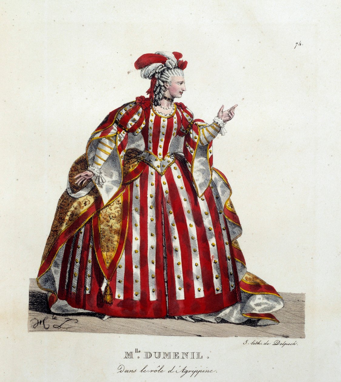 Den franska skådespelerskan Marie Francoise Marchand kallade Mademoiselle Dumesnil (1713-1803) i rollen som Agrippine i verket "Britannicus" av Jean Racine (1639-1699) i den franska komedin. Litografi av Hippolyte lecomte (1781-1857). Privat samling av Hippolyte Lecomte