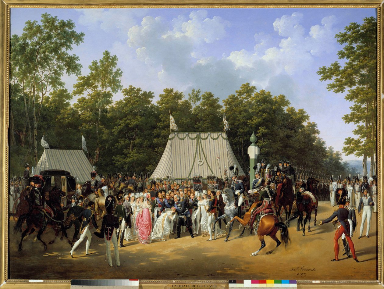 Kung Ludvig XVIII (1755-1824) tar emot Marie Caroline Fernande Louise av Neapel, blivande hertiginna av Berry, i skogen Fontainebleau, vid korset av Saint-Herem av Hippolyte Lecomte